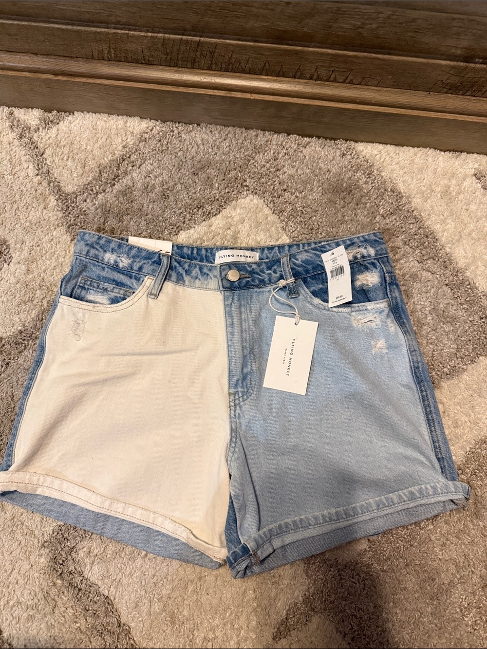 Flying Monkey Two-Tone Patch Denim Shorts - Light Blue & Cream